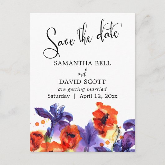 Red Poppies, Paarse Iris Waterverf Save the Date Aankondigingskaart (Voorkant)