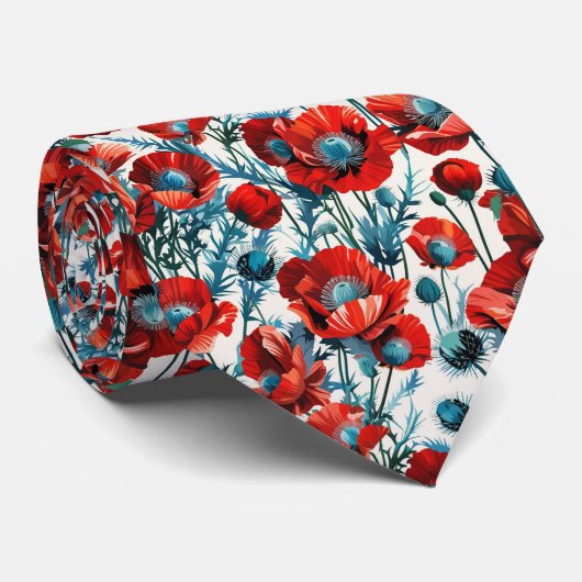 Red Poppies & Silver Thistles Seamless Botanical  Stropdas (Opgerold)