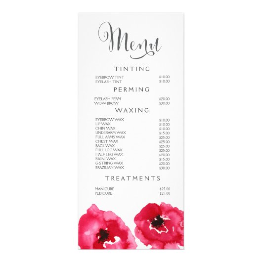 Red Poppies Spa Salon Schoonheidsspeciaalmenu Prij Reclamekaart (Voorkant)