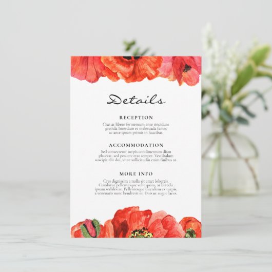 Red poppies waterverf bruiloft gast informatie informatiekaartje (Staand voorkant)