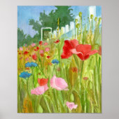 Red Poppies Waterverf Flowers Picket Fence Poster (Voorkant)
