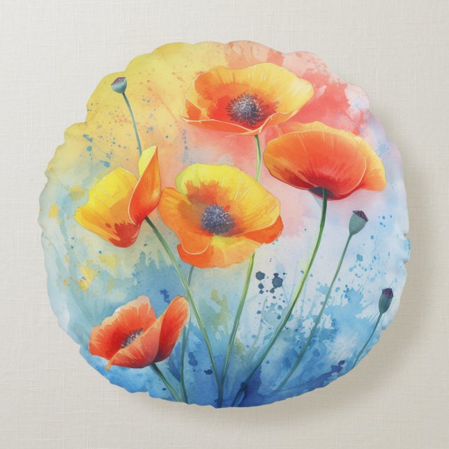 Red Poppies - Waterverf Ronde Sierkussen Rond Kussen (Voorkant)
