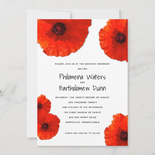 Red Poppies White in Black Wedding Invitations Kaart (Voorkant)