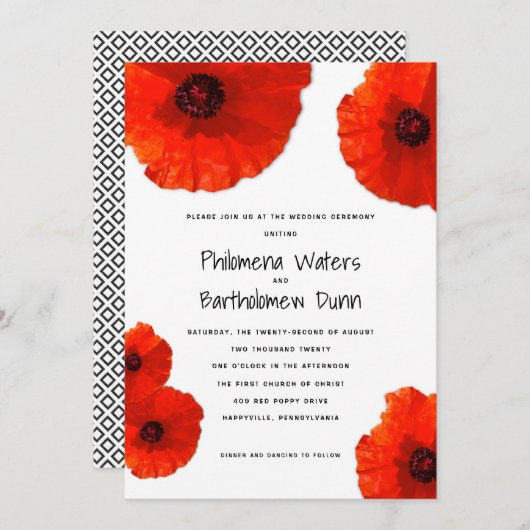 Red Poppies White in Black Wedding Invitations Kaart (Voorkant / Achterkant)