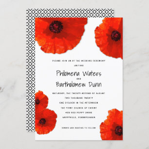 Red Poppies White in Black Wedding Invitations Kaart