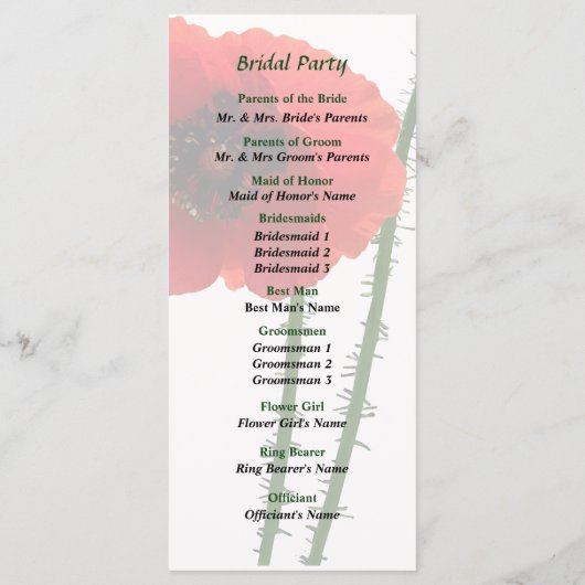 Red Poppy and Bud Wedding Program Programmakaart (Achterkant)
