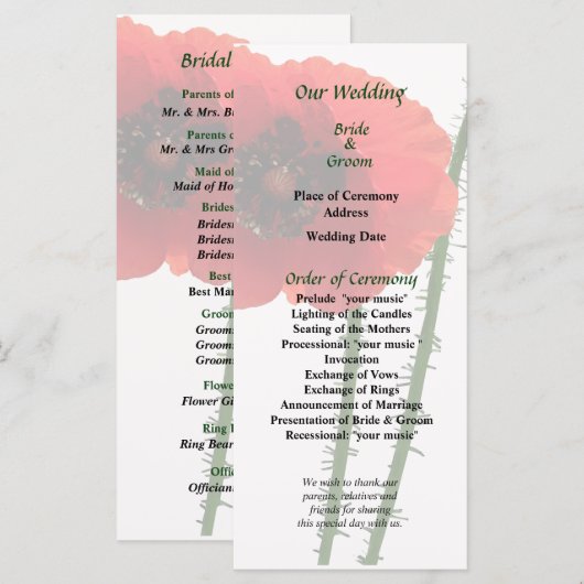 Red Poppy and Bud Wedding Program Programmakaart (Voorkant / Achterkant)