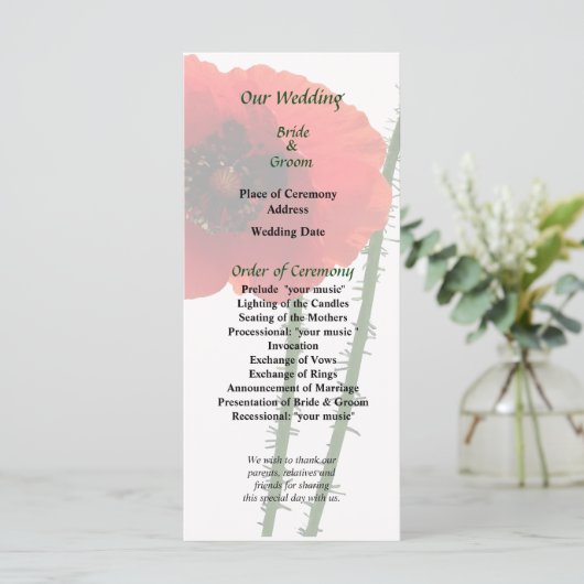 Red Poppy and Bud Wedding Program Programmakaart (Staand voorkant)
