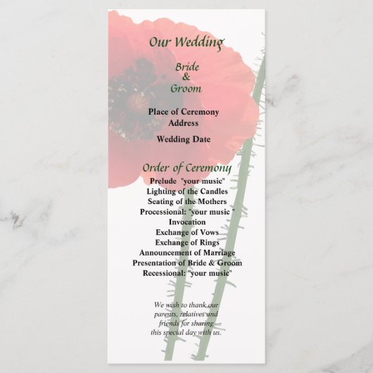 Red Poppy and Bud Wedding Program Programmakaart (Voorkant)