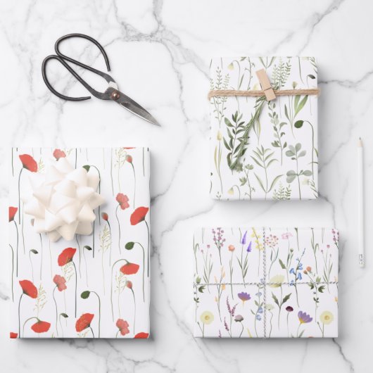 Red Poppy And Green Leaves Purple Flowers Patterns Inpakpapier Vel (Voorkant)