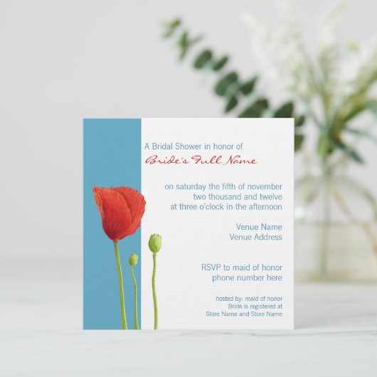 Red Poppy aqua Bridal Shower Kaart (Staand voorkant)
