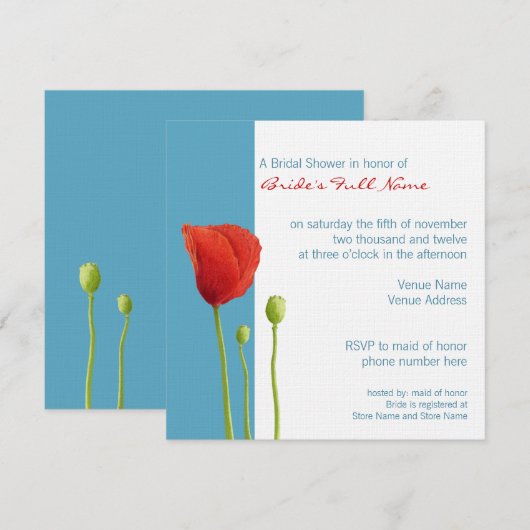 Red Poppy aqua Bridal Shower Kaart (Voorkant / Achterkant)