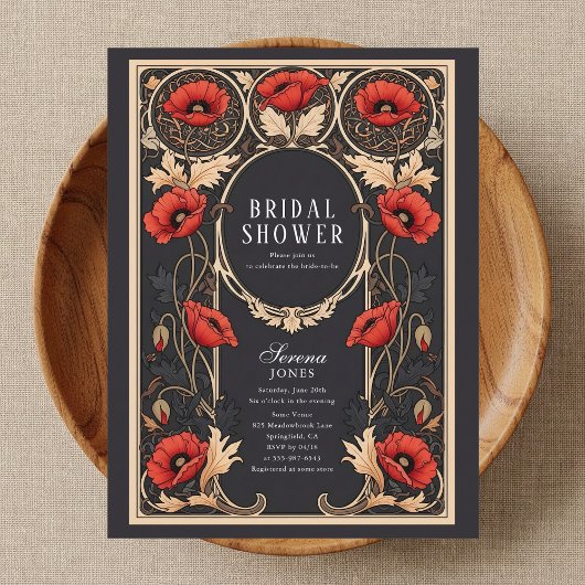 Red Poppy Art Nouveau Bridal Shower Uitnodiging Briefkaart