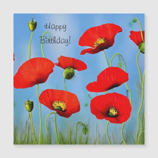 Red Poppy Birthday Magnetic Kaart (Voorkant)