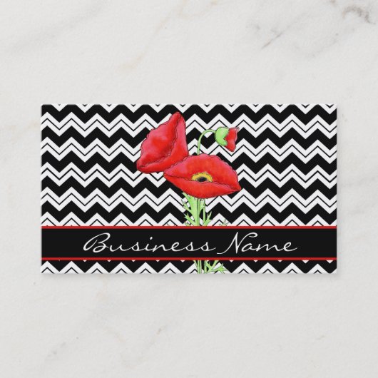 Red Poppy Black White Chevron Zizzag Custom Visitekaartje (Voorkant)