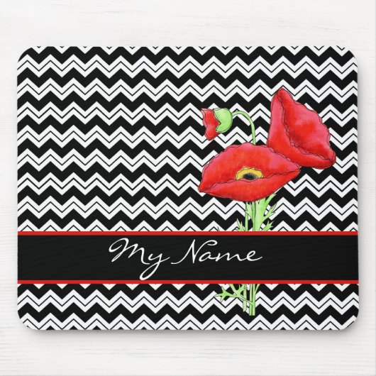 Red Poppy Black & White Personaliseer Chevron Zizz Muismat (Voorkant)
