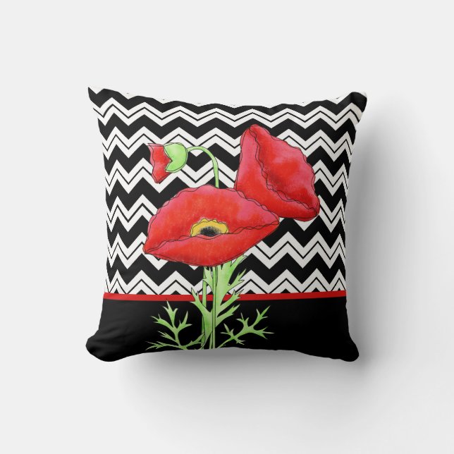Red Poppy Black White Zigzag Chevron Decoratief Kussen (Voorkant)