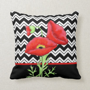 Red Poppy Black White Zigzag Chevron Decoratief Kussen