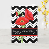 Red Poppy Black & White Zizzag Chevron Birthday Kaart (Gele Bloem)