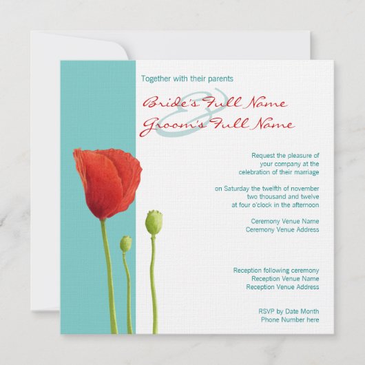 Red Poppy blauwgroen Wedding Invitation Kaart (Voorkant)
