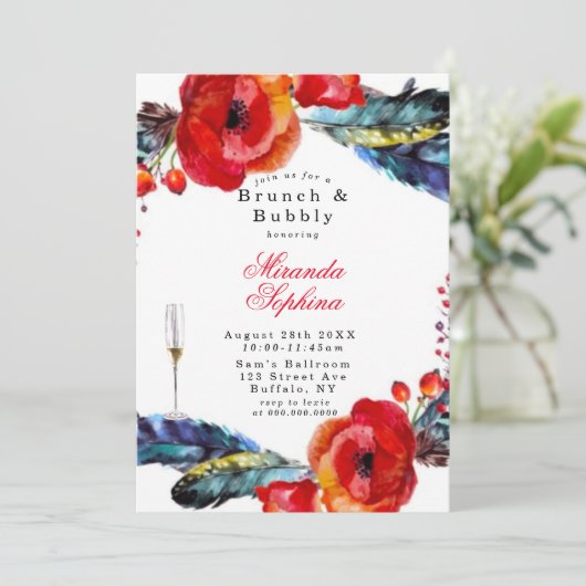 Red Poppy Boho Feathers Brunch & Bubble Invite Kaart (Staand voorkant)