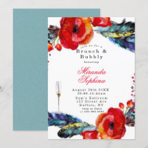 Red Poppy Boho Feathers Brunch & Bubble Invite