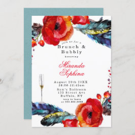 Red Poppy Boho Feathers Brunch & Bubble Invite Kaart