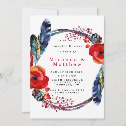 Red Poppy Boho Feathers Couples Shower Invite (Voorkant)
