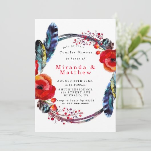 Red Poppy Boho Feathers Couples Shower Invite (Staand voorkant)