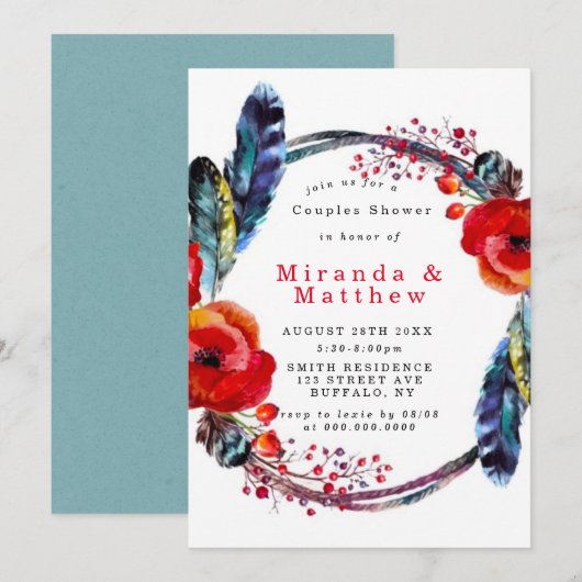 Red Poppy Boho Feathers Couples Shower Invite (Voorkant / Achterkant)
