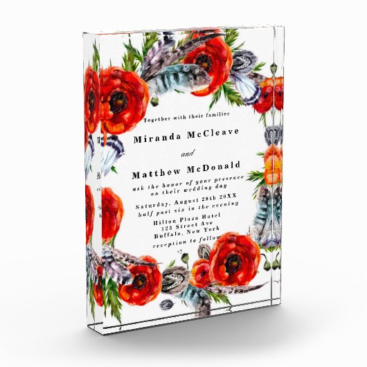 Red Poppy Boho Feathers Keepomwille Wedding Invite Fotoblokken (Links)