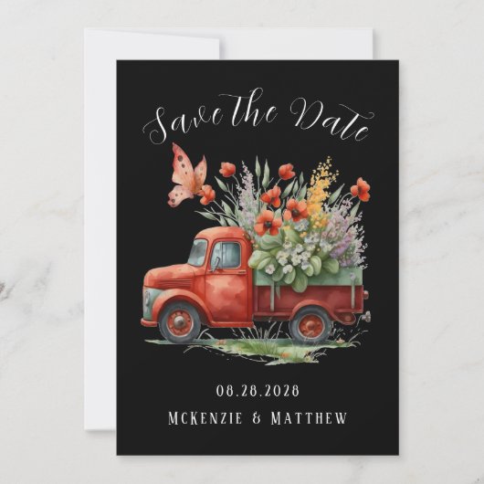Red Poppy & Butterfly Truck Save the Date Cards Kaart (Voorkant)