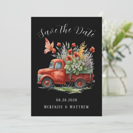 Red Poppy & Butterfly Truck Save the Date Cards Kaart (Staand voorkant)