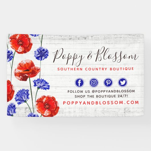 Red Poppy & Cornflower Rustic Wood Floral Boutique Spandoek (Horizontaal)