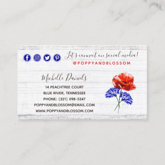 Red Poppy & Cornflower Rustic Wood Social Network Visitekaartje (Achterkant)