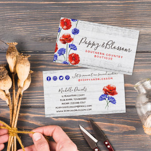 Red Poppy & Cornflower Rustic Wood Social Network Visitekaartje