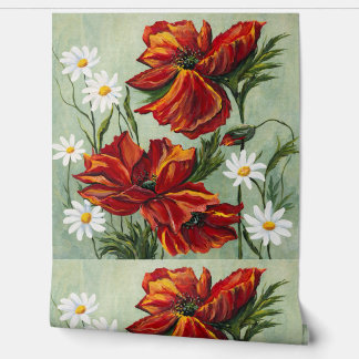 Red Poppy & Daisy Floral Wallpaper Behang