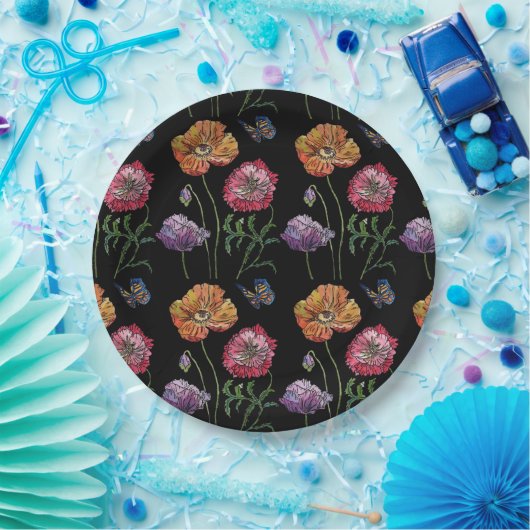 Red Poppy dark Flowers Pattern Paper Party Bord (Feest)