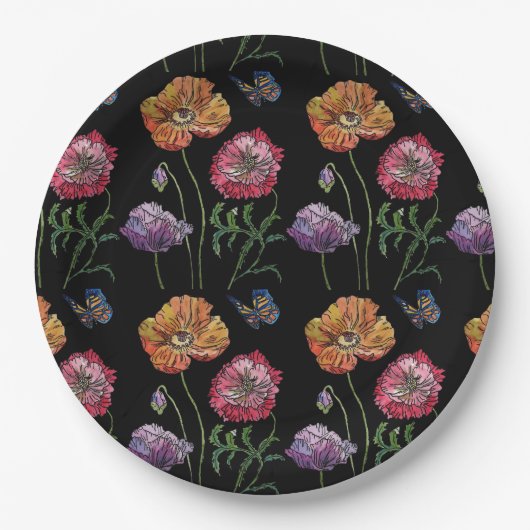 Red Poppy dark Flowers Pattern Paper Party Bord (Voorkant)