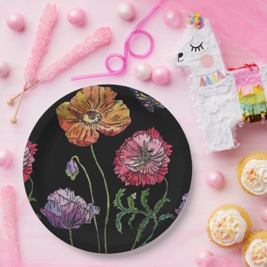 Red Poppy dark Flowers Pattern Paper Party Bord (Feest)