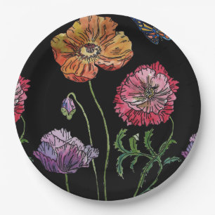 Red Poppy dark Flowers Pattern Paper Party Bord