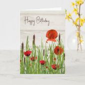 Red Poppy en Cattails Birthday Kaart (Gele Bloem)