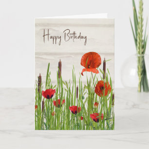 Red Poppy en Cattails Birthday Kaart
