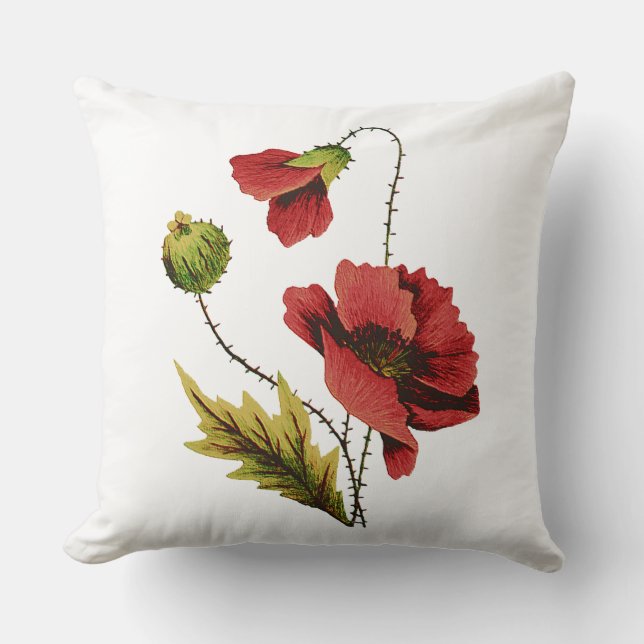 Red Poppy Faux Embroidery Pillow Kussen (Voorkant)