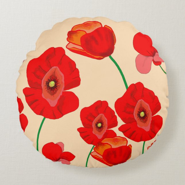 Red Poppy Field Rond Kussen (Voorkant)