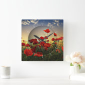 Red Poppy Field Vierkante Klok (Huis)