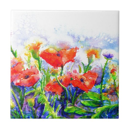 Red Poppy Fields - waterverf bloemschilderij Tegeltje (Voorkant)