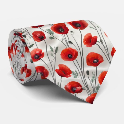 Red Poppy Floral Pattern Stropdas (Opgerold)