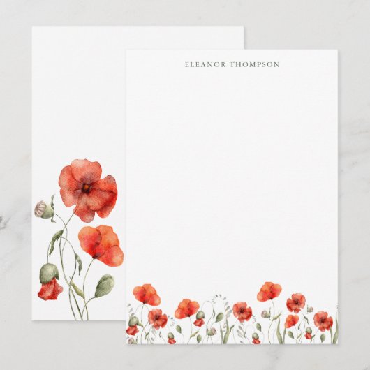 Red Poppy Floral Specialized Name Stationery Notitiekaartje (Voorkant / Achterkant)