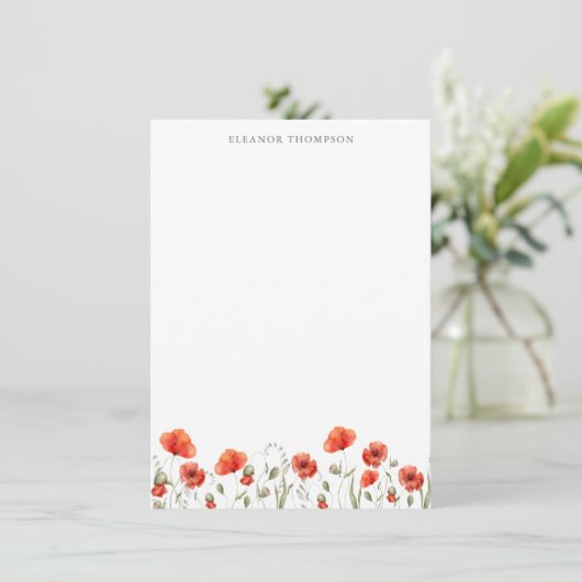 Red Poppy Floral Specialized Name Stationery Notitiekaartje (Staand voorkant)